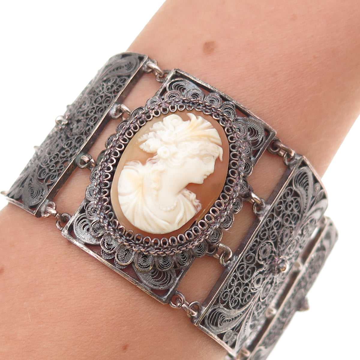 Silver-Tone Antique Art Deco Real MOP Cameo Filigree Panel Link Bracelet 8"