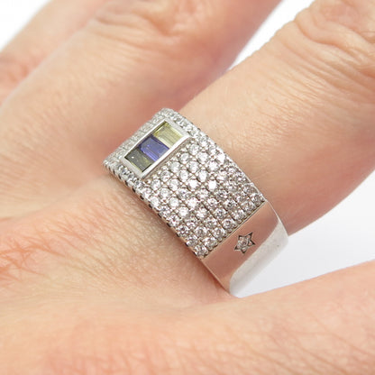 925 Sterling Silver Multi-Color C Z Wide Band Ring Size 7.25