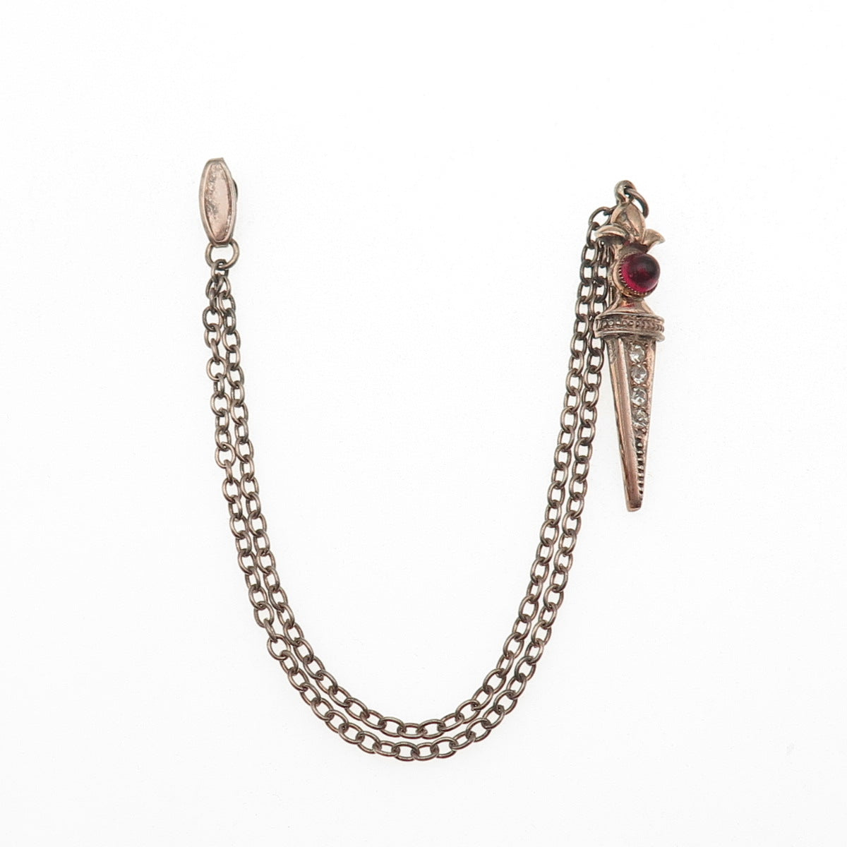 925 Sterling Silver Gold Plated Antique Art Deco Rhinestone Dagger Chain Fob