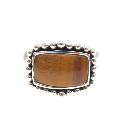 925 Sterling Silver Vintage Real Tiger Eye Modernist Beaded Ring Size 10
