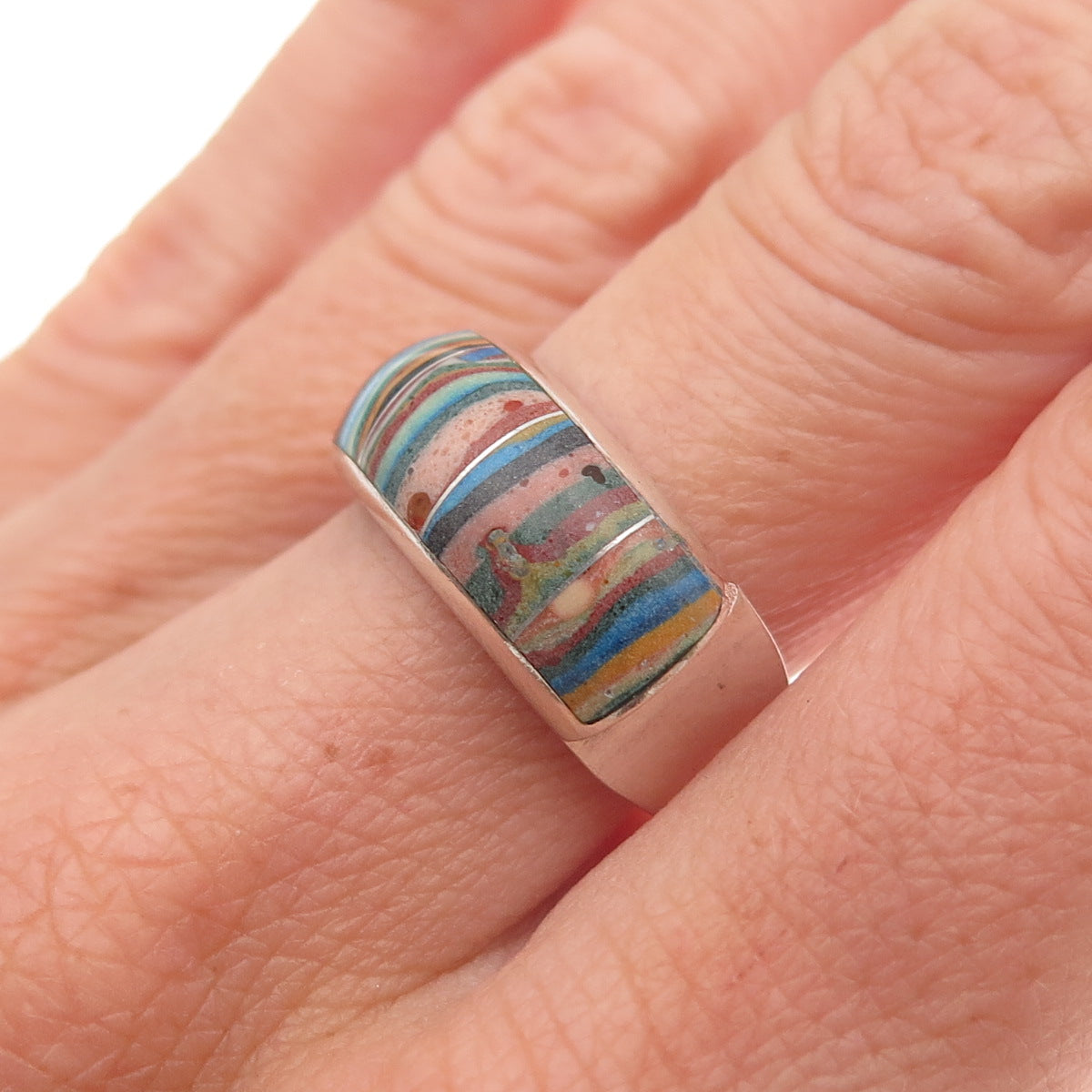 Jay King Desert Rose Sterling Silver Vintage Real Rainbow Calsilica Ring Size 8