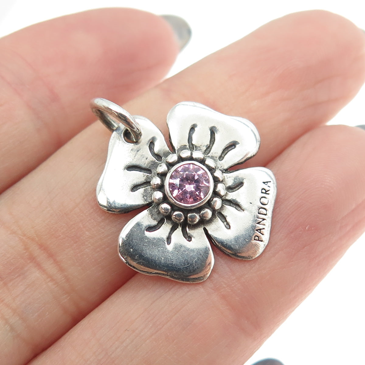 PANDORA 925 Sterling Silver Purple C Z Flower Blossom Charm Pendant