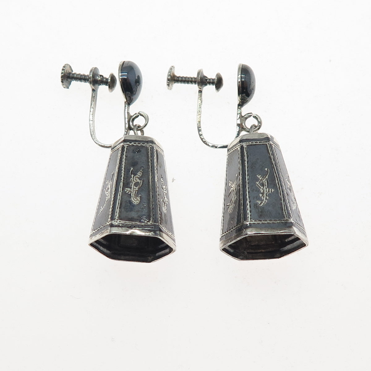 925 Sterling Silver Antique Siam Niello Hindu Goddess Screw Back Dangle Earrings