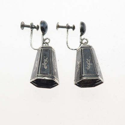 925 Sterling Silver Antique Siam Niello Hindu Goddess Screw Back Dangle Earrings