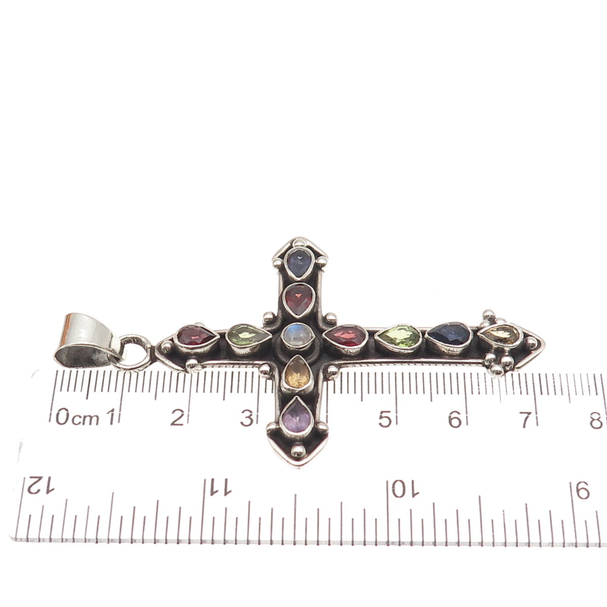 Sterling Vintage Amethyst Iolite Peridot Garnet Citrine Moonstone Cross Pendant