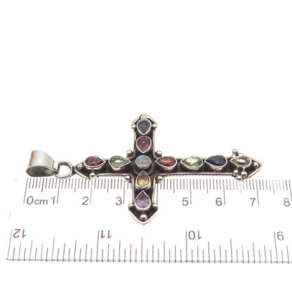Sterling Vintage Amethyst Iolite Peridot Garnet Citrine Moonstone Cross Pendant