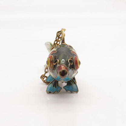 925 Sterling Silver Gold Plated Antique Enamel Chinese Chatelaine Koi Fish Fob