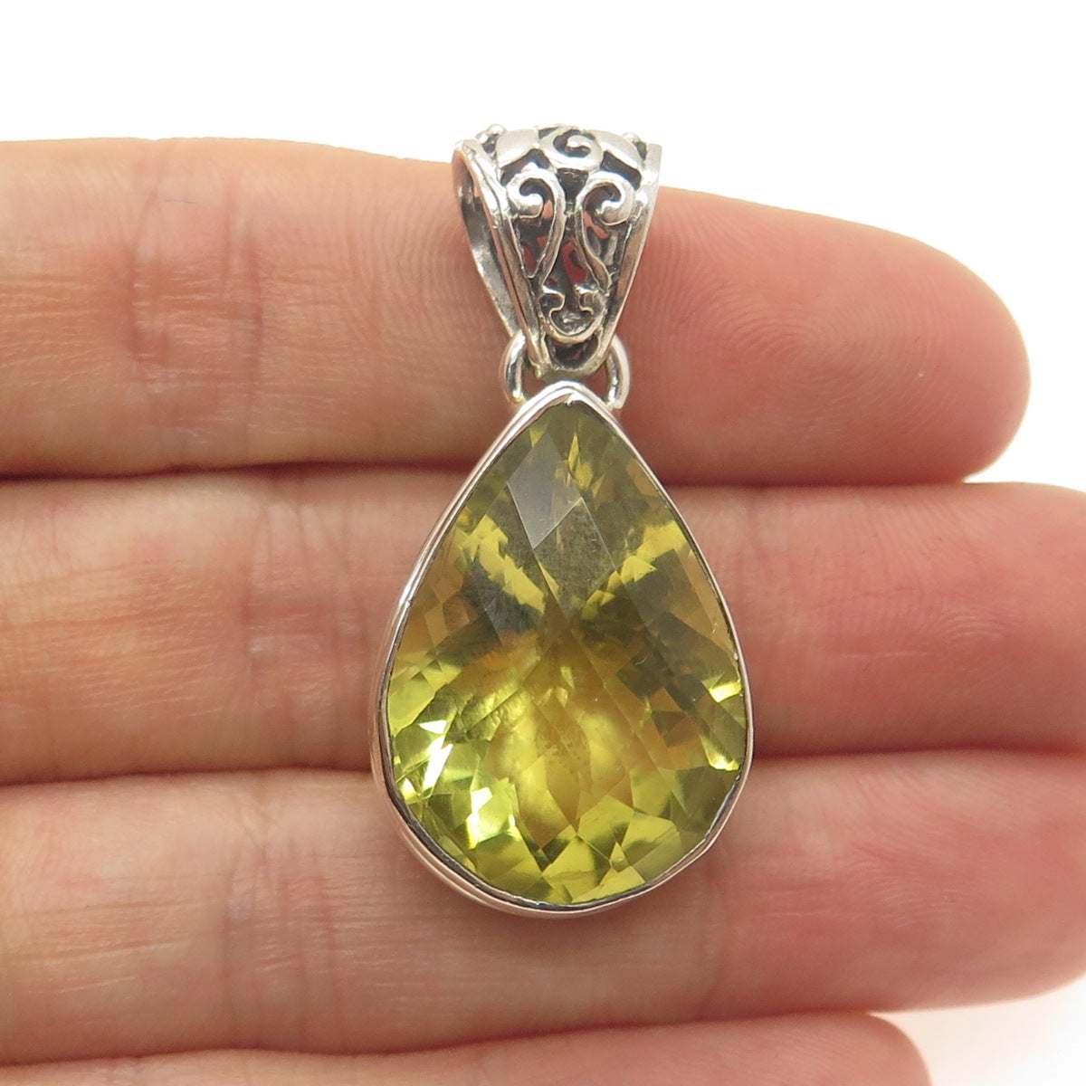 925 Sterling Silver Vintage Real Pear-Cut Lime Citrine Ornate Teardrop Pendant