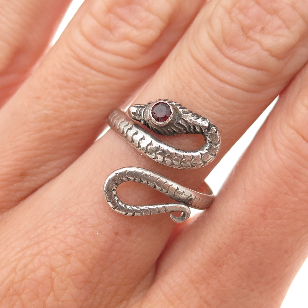925 Sterling Silver Vintage Real Garnet Snake Oxidized Adjustable Ring Size 9