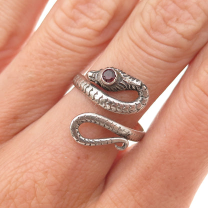 925 Sterling Silver Vintage Real Garnet Snake Oxidized Adjustable Ring Size 9