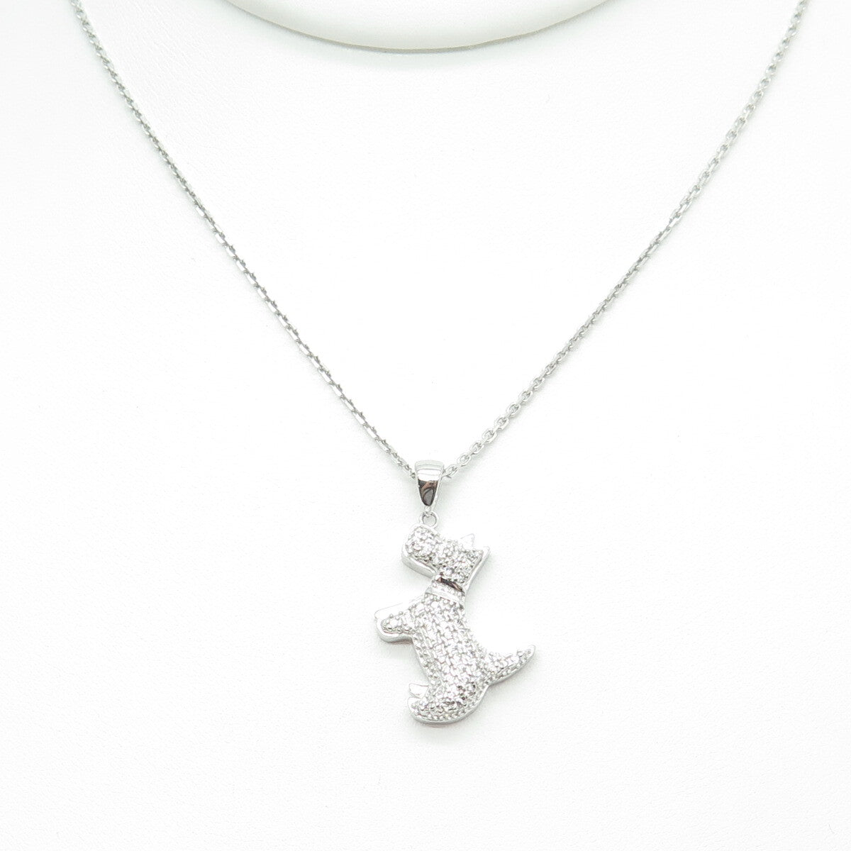 925 Sterling Silver Round-Cut C Z Scottish Terrier Dog Cable Chain Necklace 16"