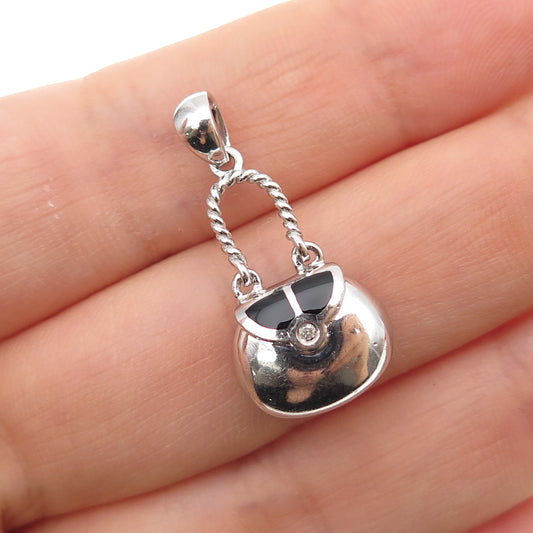 AMI 925 Sterling Silver Enamel Real Diamond Accent Ladies Purse Mini Pendant