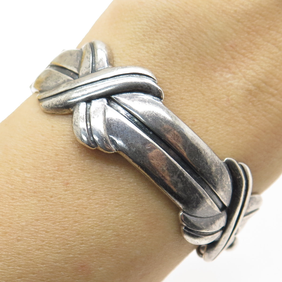 MARGOR DE TAXCO Sterling Silver Vintage Mexico "X" Bangle Bracelet 6.75" #5709