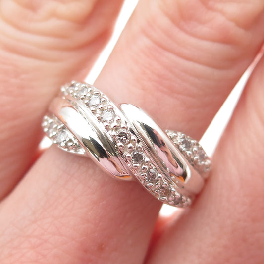 HENG NGAI 925 Sterling Silver Real Round-Cut Diamond Twisted Ring Size 8