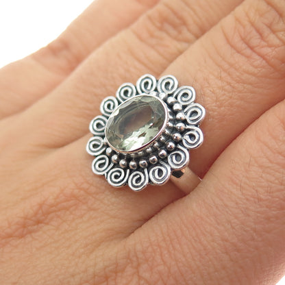 925 Sterling Silver Vintage Real Green Amethyst Swirl Oxidized Ring Size 8.25