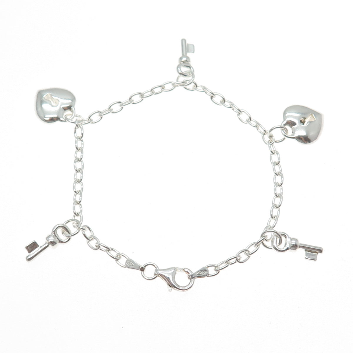 925 Sterling Silver Vintage Italy Heart Lock & Key Charms Oval Link Bracelet 7"