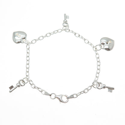 925 Sterling Silver Vintage Italy Heart Lock & Key Charms Oval Link Bracelet 7"