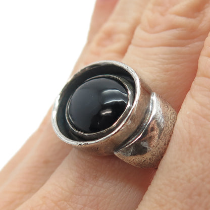 925 Sterling Silver Vintage Real Black Onyx Modernist Oxidized Ring Size 6.5