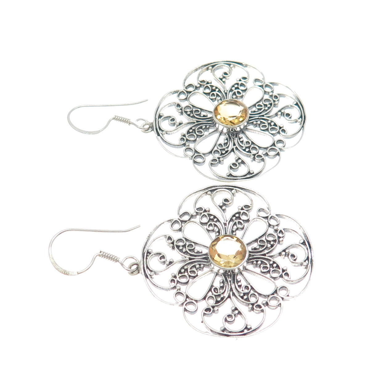 925 Sterling Silver Vintage Real Yellow Topaz Ornate Flower Dangle Earrings
