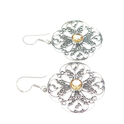 925 Sterling Silver Vintage Real Yellow Topaz Ornate Flower Dangle Earrings
