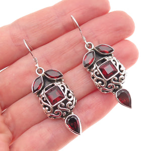 925 Sterling Silver Vintage Real Red Garnet Ornate Dangle Earrings