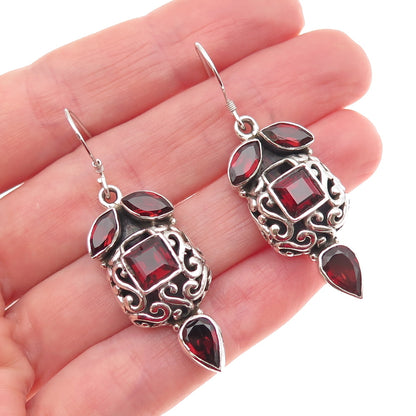 925 Sterling Silver Vintage Real Red Garnet Ornate Dangle Earrings