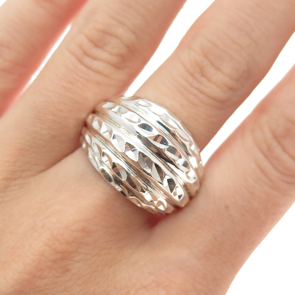 CHAPAL ZENRAY 925 Sterling Silver Vintage Diamond-Cut Dome Ring Size 10.25