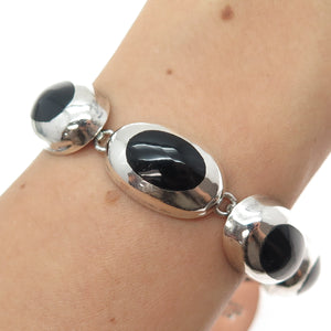 925 Sterling Silver Vintage Mexico Real Black Onyx Modernist Link Bracelet 6.5"