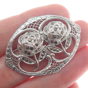 925 Sterling Silver Antique Art Deco Marcasite Gem Couple of Roses Pin Brooch