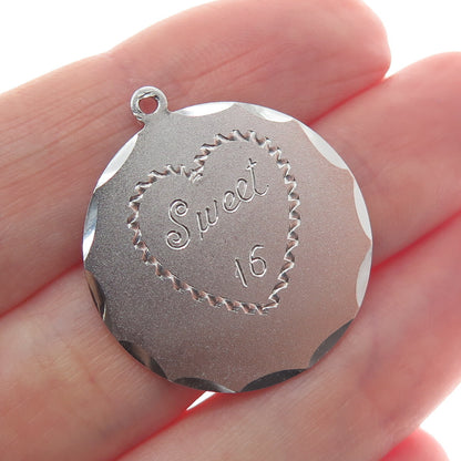 925 Sterling Silver Vintage Engraved Sweet 16 Round Tag Charm Pendant