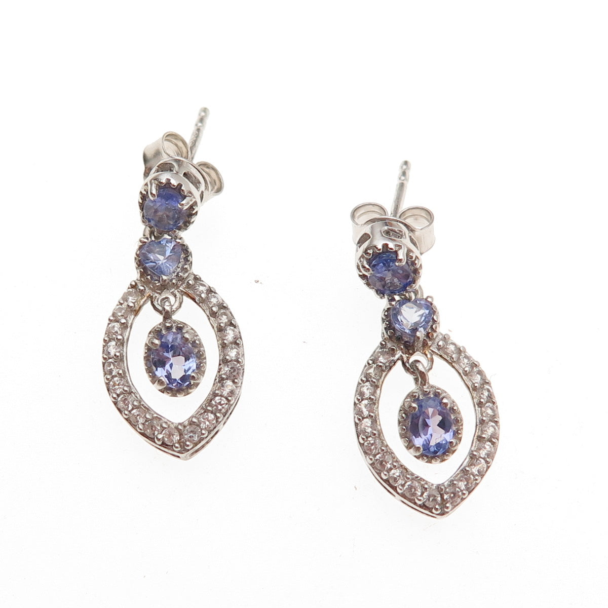 Chuck Clemency 925 Sterling Silver Real Tanzanite & White Topaz Dangle Earrings