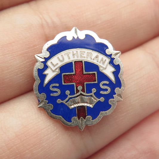 925 Sterling Silver Vintage Colorful Enamel "Lutheran" Cross Pin Brooch