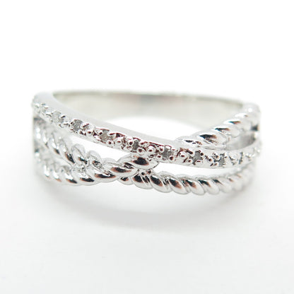 925 Sterling Silver Real Round-Cut Diamond Crisscross Ring Size 7.75