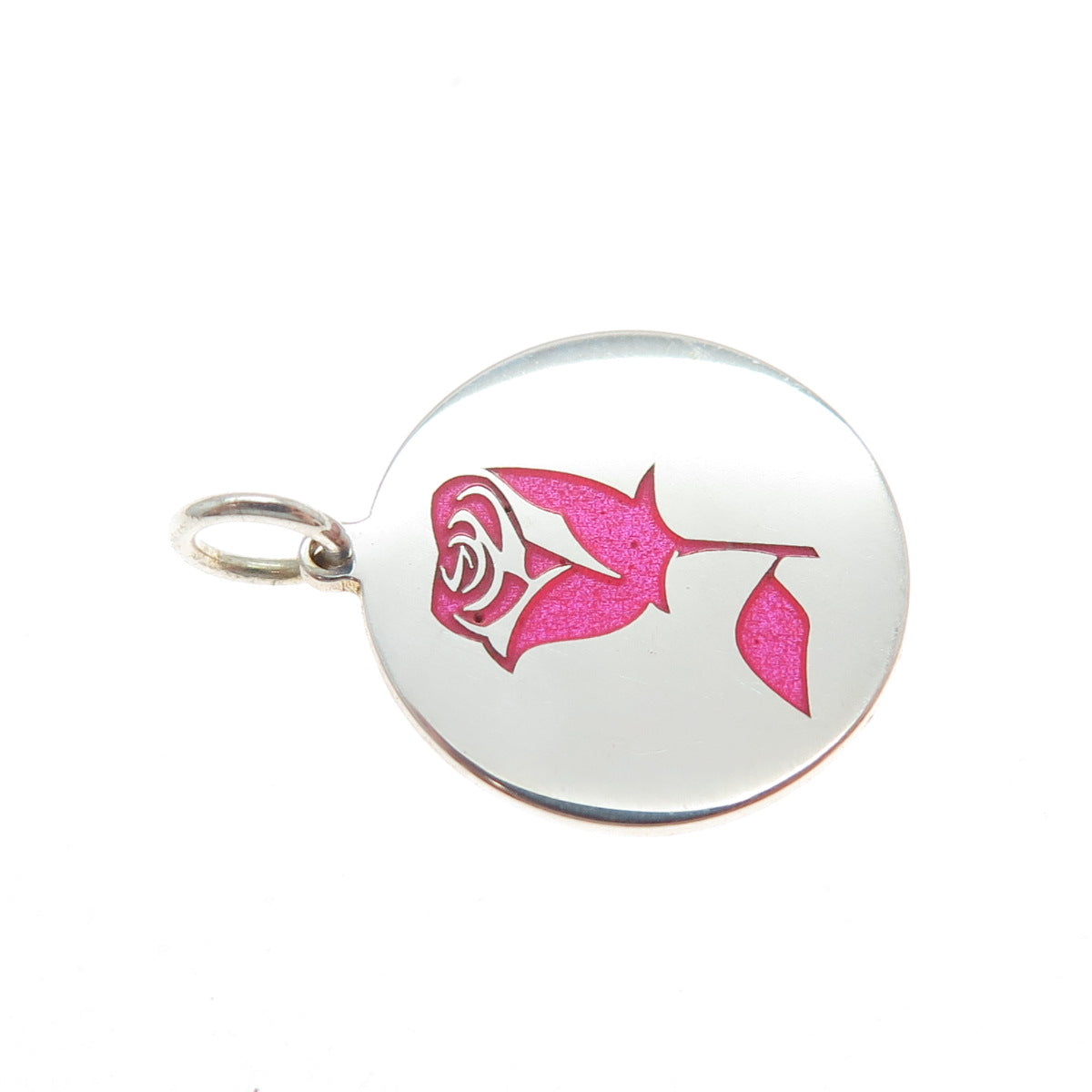 925 Sterling Silver Pink Enamel Belle Rose Round Tag Minimalist Charm Pendant