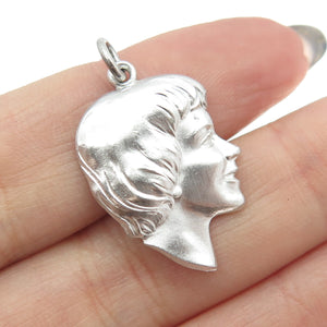 WELLS 925 Sterling Silver Vintage Girl Face Profile Charm Pendant