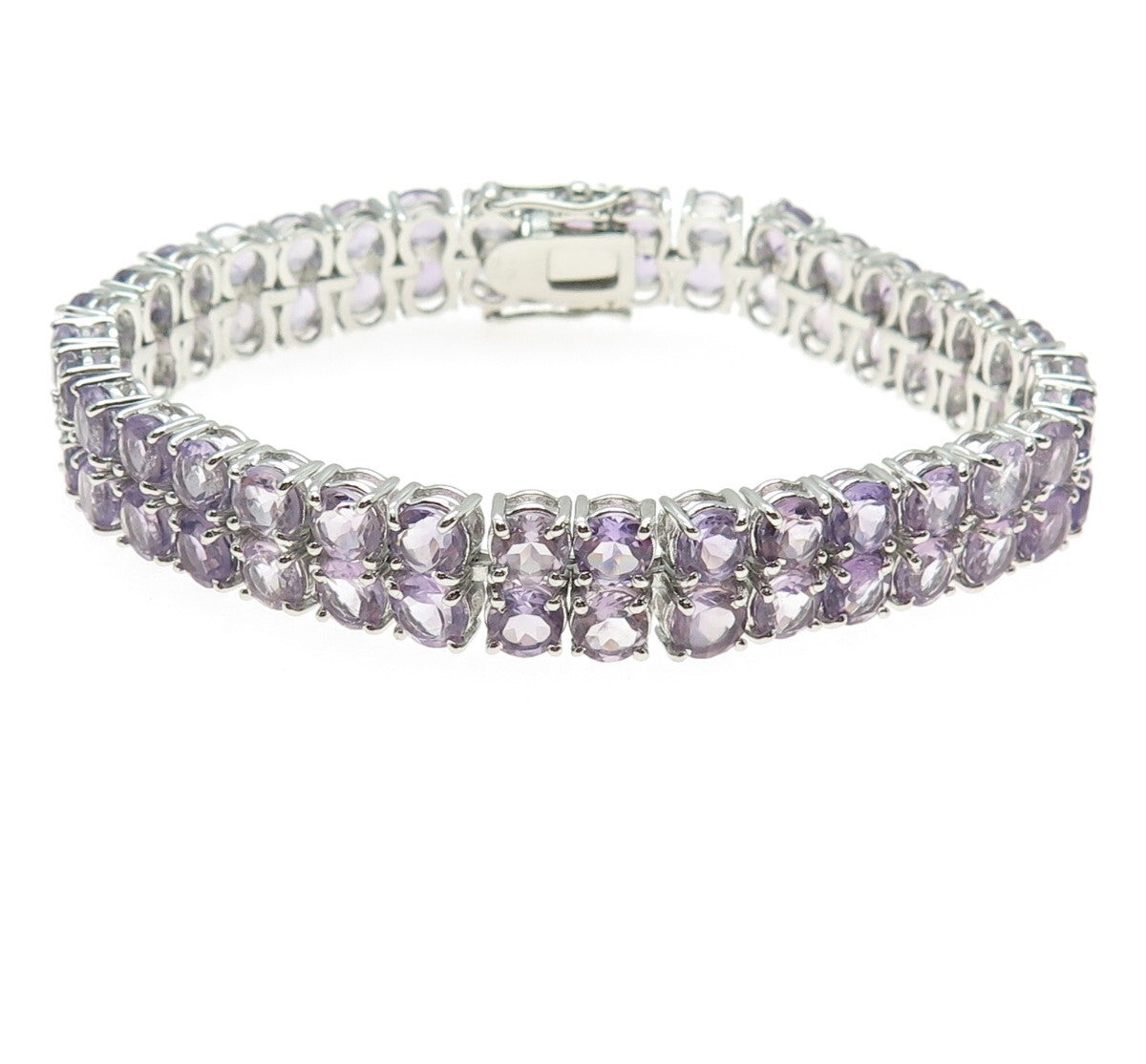 925 Sterling Silver Round-Cut Amethyst Gem 2-Row Tennis Link Bracelet 7.5"