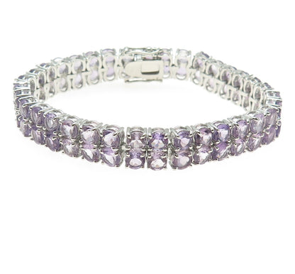 925 Sterling Silver Round-Cut Amethyst Gem 2-Row Tennis Link Bracelet 7.5"