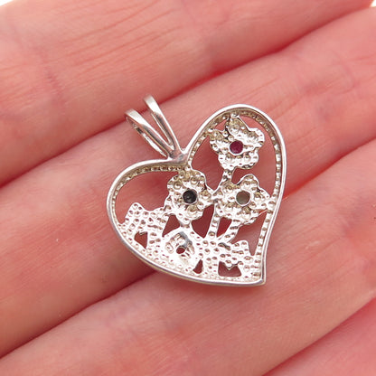 Nevada 925 Sterling Silver Real Ruby Sapphire & Emerald Mom Heart Charm Pendant