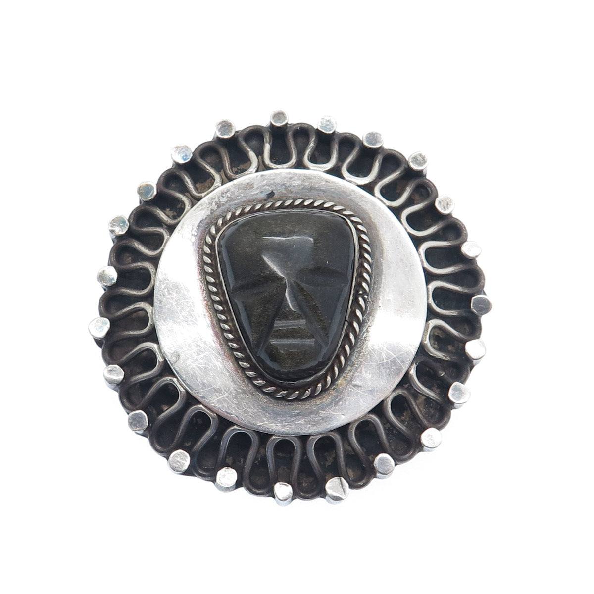 925 Sterling Silver Vintage Mexico Carved Jade Aztec God Face Pin Brooch Pendant