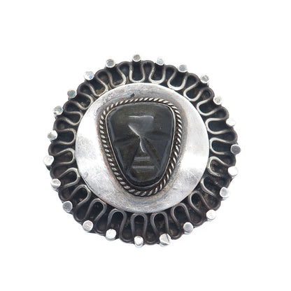 925 Sterling Silver Vintage Mexico Carved Jade Aztec God Face Pin Brooch Pendant