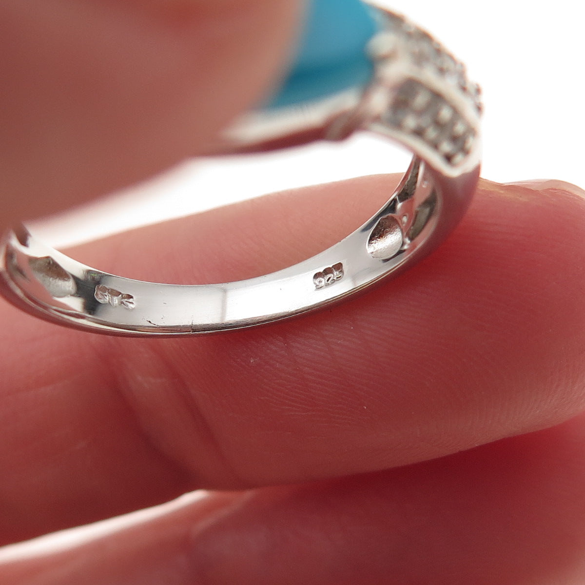 Chuck Clemency 925 Sterling Silver Real Turquoise & White Topaz Ring Size 8.25