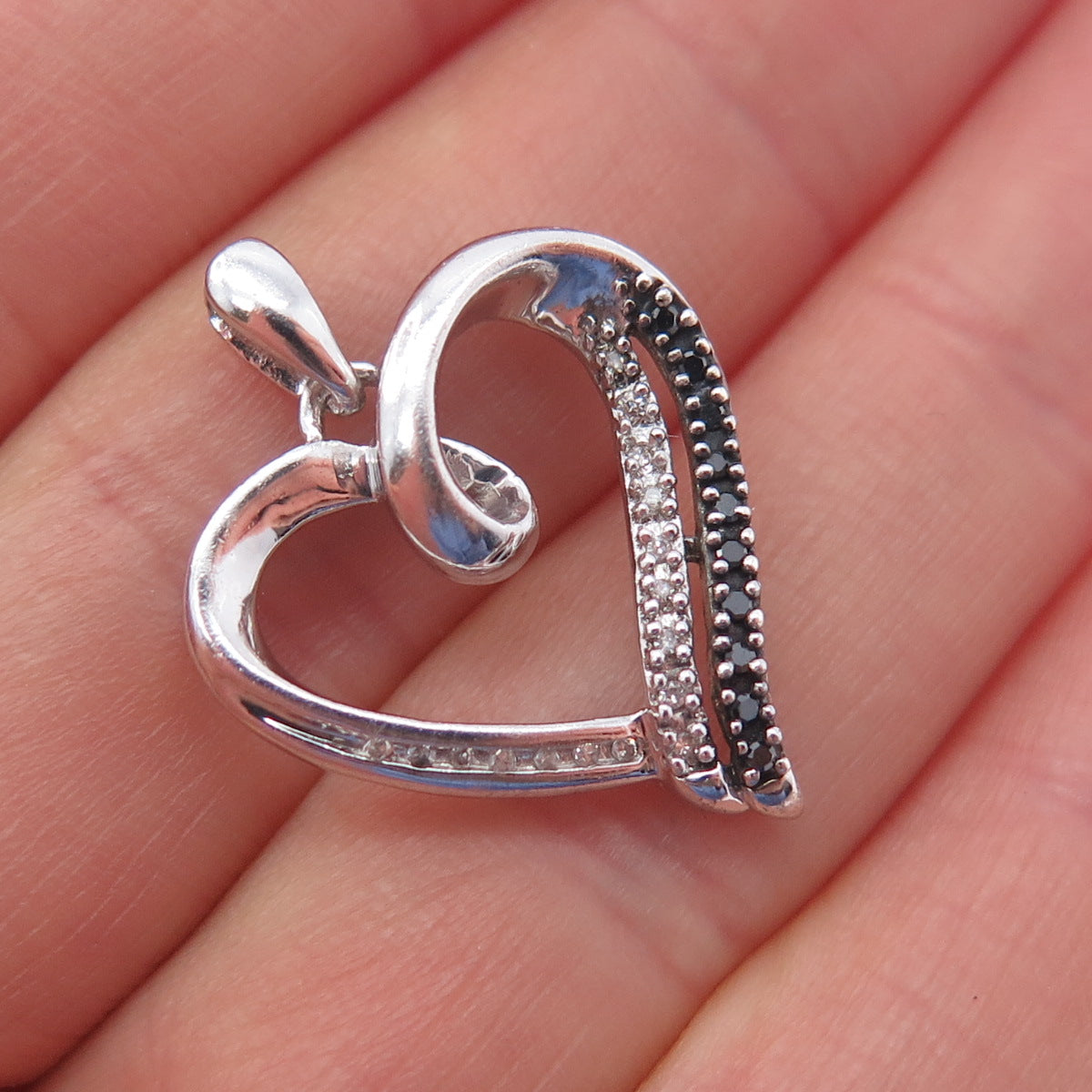925 Sterling Silver Real Round-Cut Black & White Diamond Heart Charm Pendant