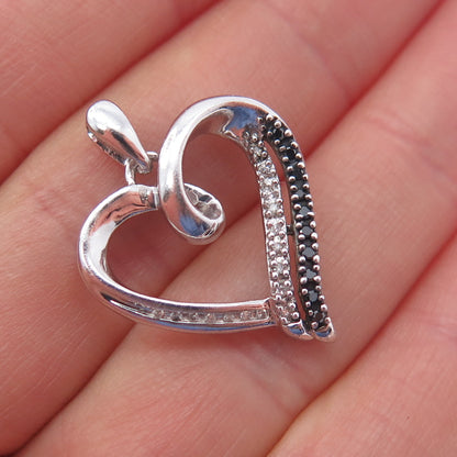925 Sterling Silver Real Round-Cut Black & White Diamond Heart Charm Pendant