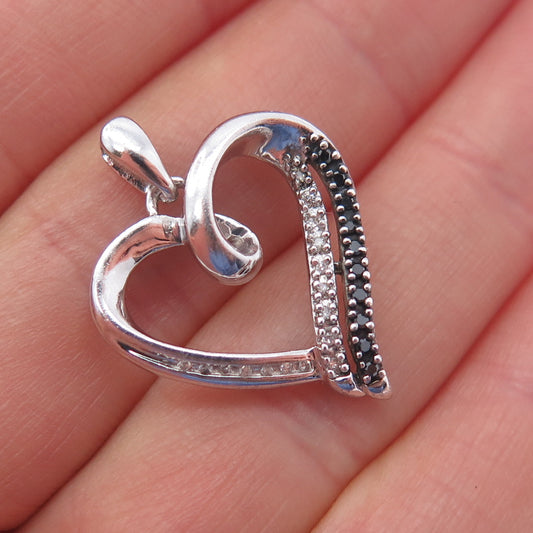 925 Sterling Silver Real Round-Cut Black & White Diamond Heart Charm Pendant