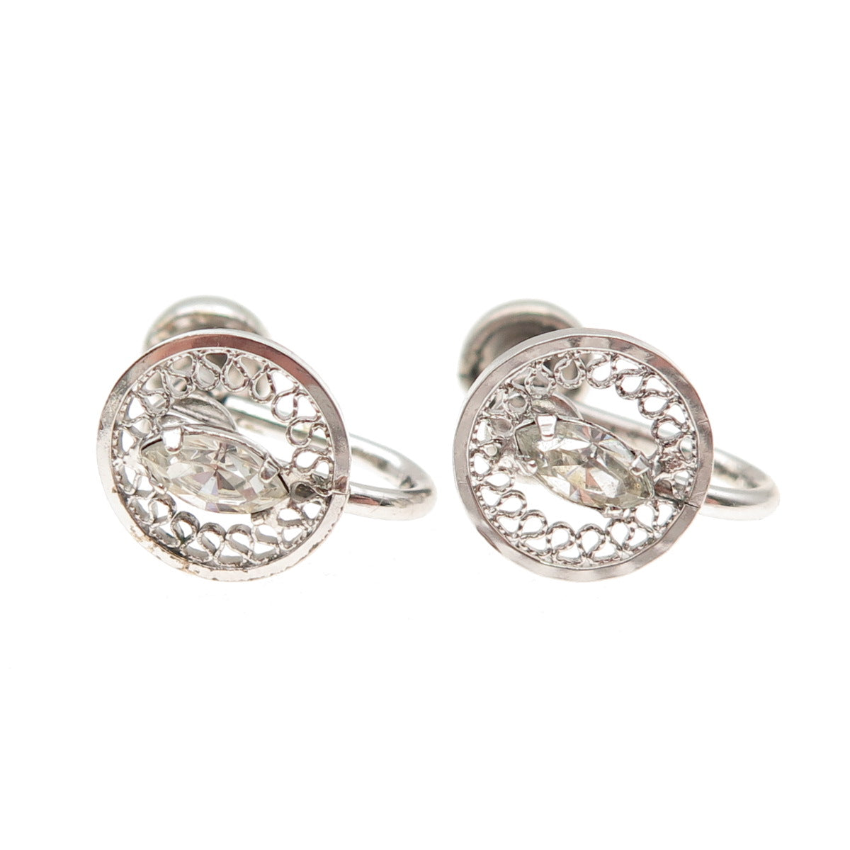 925 Sterling Silver Antique Art Deco Rhinestone Filigree Screw Back Earrings