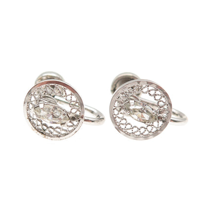 925 Sterling Silver Antique Art Deco Rhinestone Filigree Screw Back Earrings