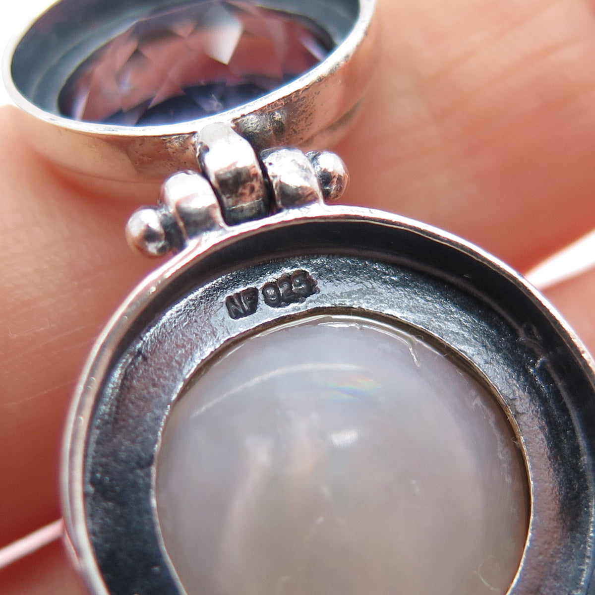 CHAPAL ZENRAY 925 Sterling Silver Vintage Real Amethyst & Pearl Oxidized Pendant