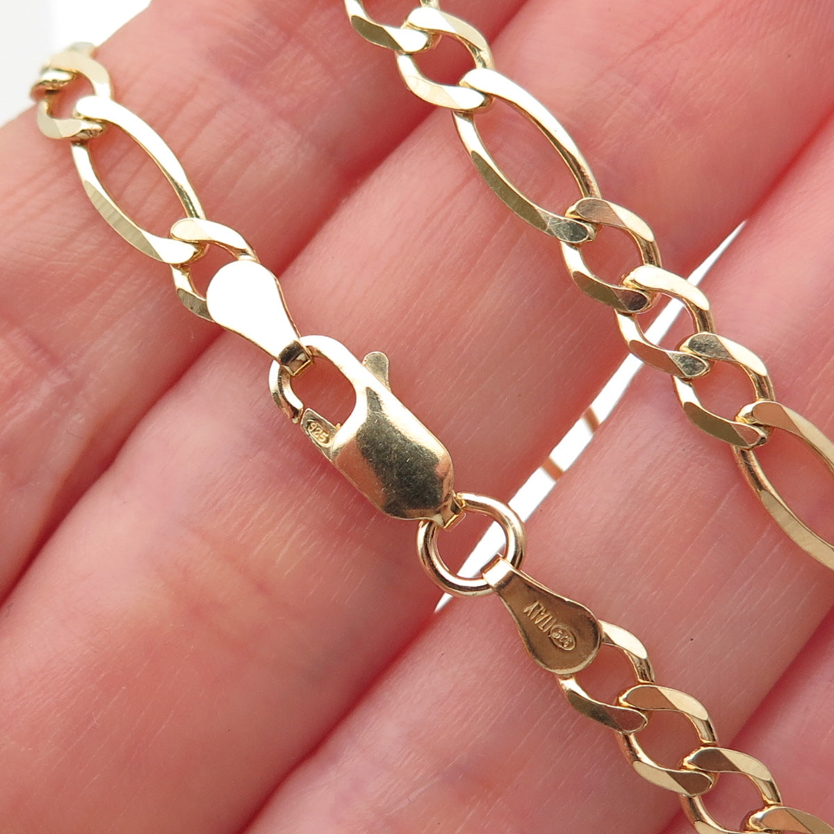 Han 925 Sterling Silver Gold Plated Italy Figaro Chain Necklace 18"
