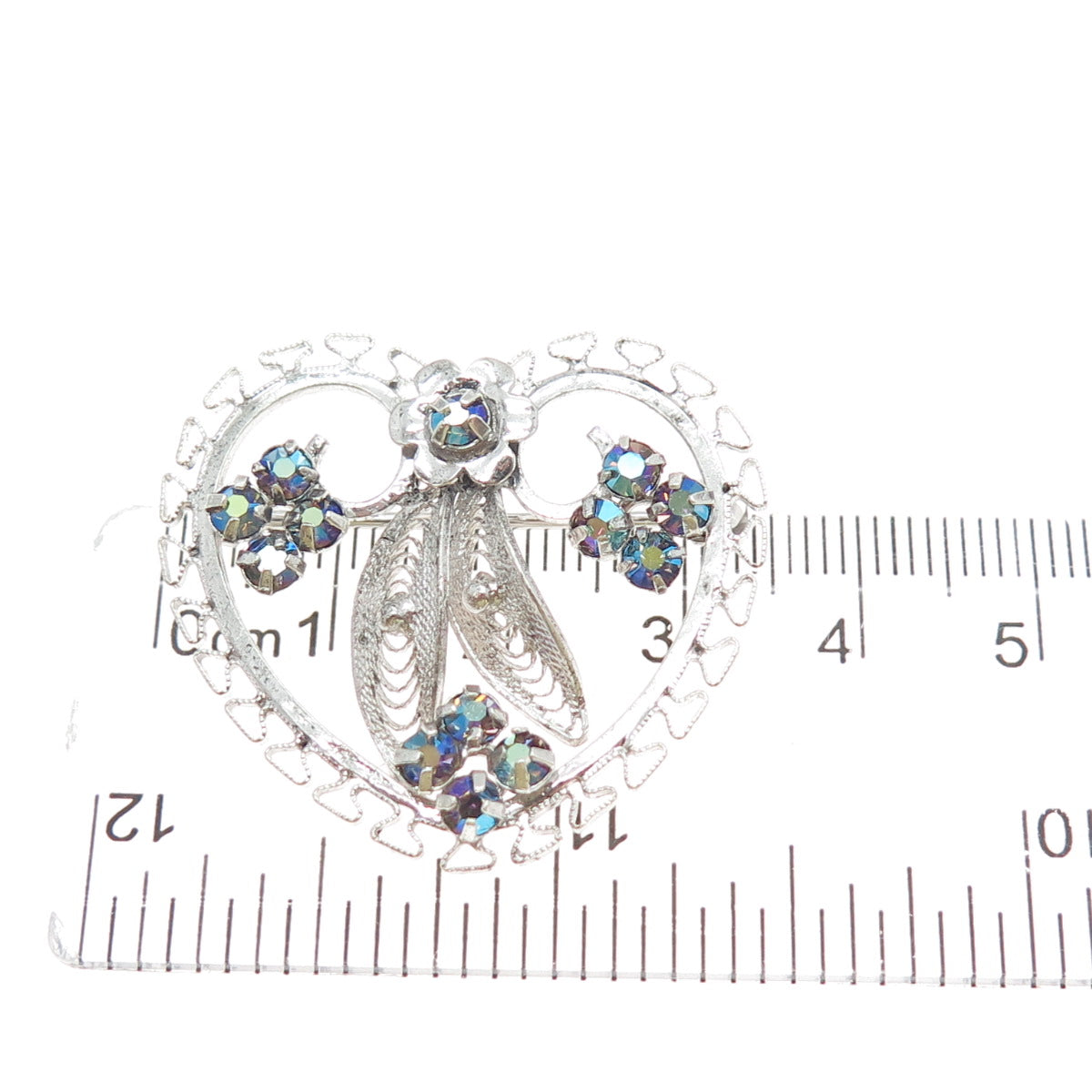 CURTIS CREATIONS Sterling Vintage Rhinestone Flower & Heart Filigree Pin Brooch