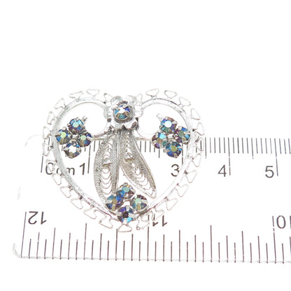 CURTIS CREATIONS Sterling Vintage Rhinestone Flower & Heart Filigree Pin Brooch